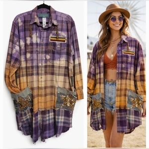 ORIGAMI CRANE Upcycled Plaid DUSTER Shirt Purple WESTERN BOHO Festival Artwear
